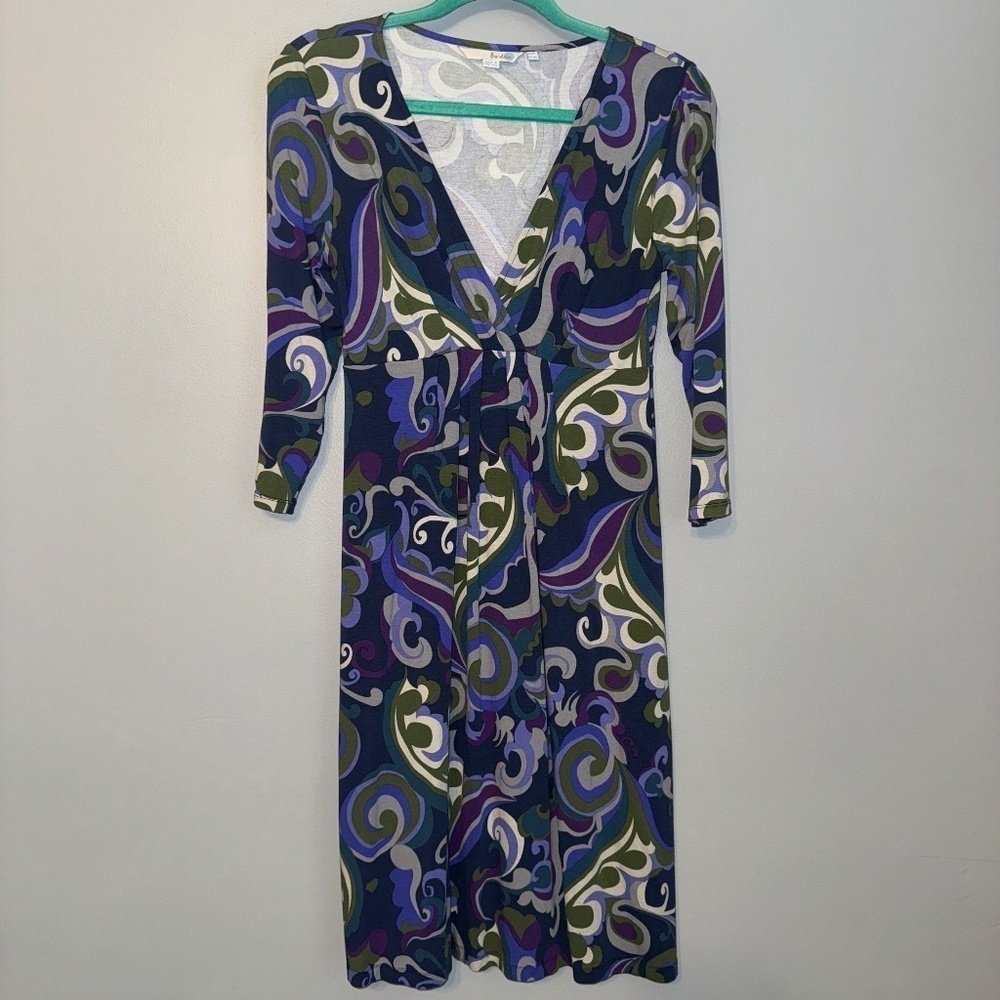 EUC Boden Faux Wrap V Neck Paisley Swirl Jersey Dress Size 8R 8 Regular